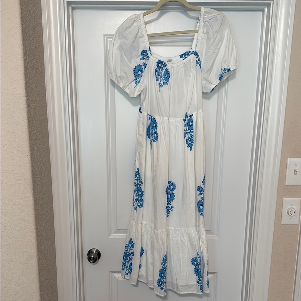 JCrew White Dress with Blue Floral Embroidery